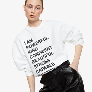 ANINE BING Empowered White Graphic Mockneck Sweatshirt Sweater Pullover Top